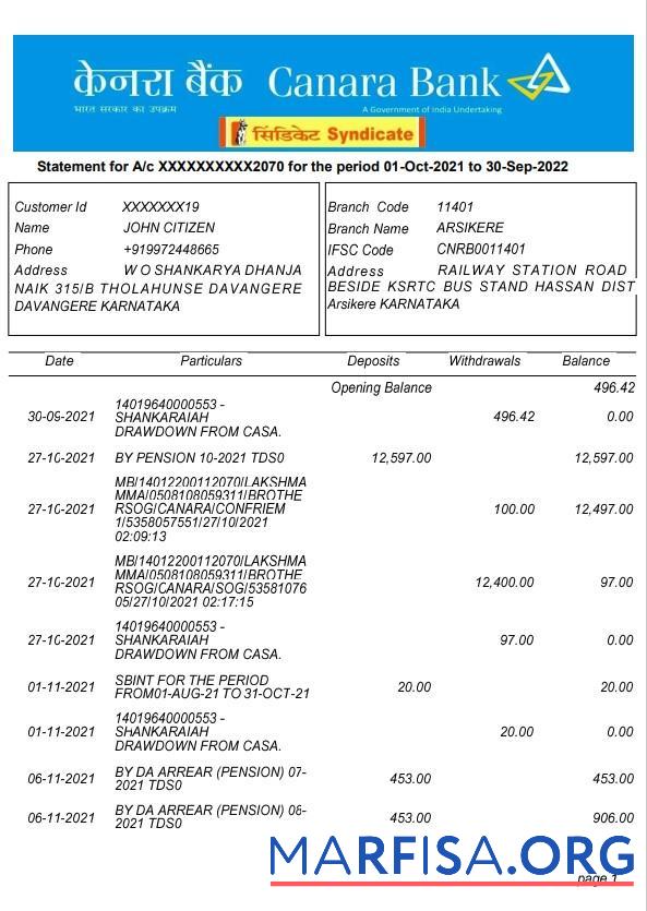 Blank India Canara bank statement word version 2 download for verification